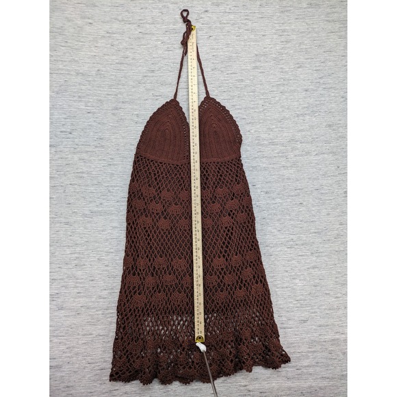 Boho Crochet Babydoll Dress Halter SMALL brown Lined Fit Flare Stretch Milkmaid - Picture 4 of 7
